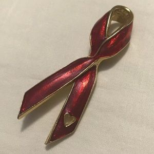 Vintage Red Heart Ribbon Brooch Hat Scarf Pin